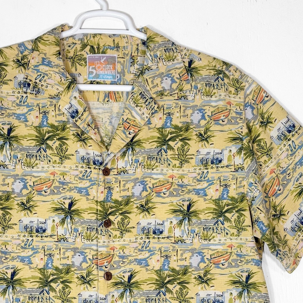 It's 5 O'Clock Somewhere Mens XL 100% Silk Tropical Island Palm Tree Camp Shirt